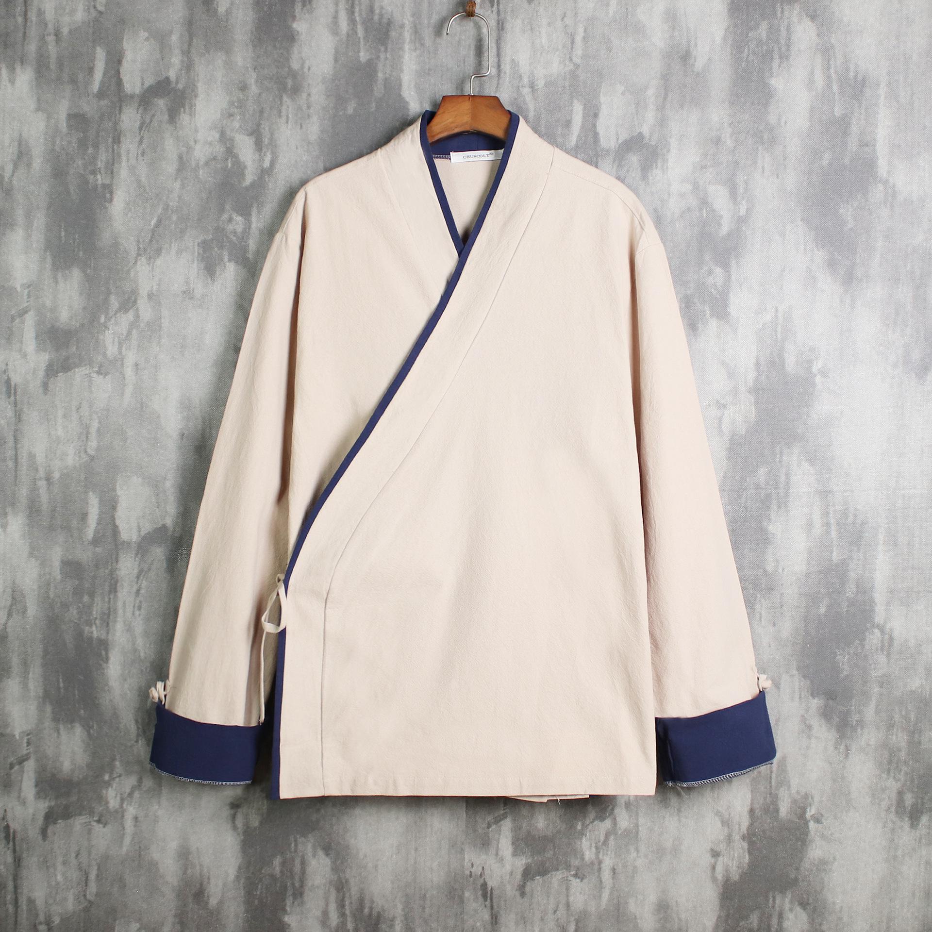 

Рубашки в стиле ретро Hanfu Cotton Linen с длинным рукавом, лоскутная мужская кардиган со шнуровкой M бежевый