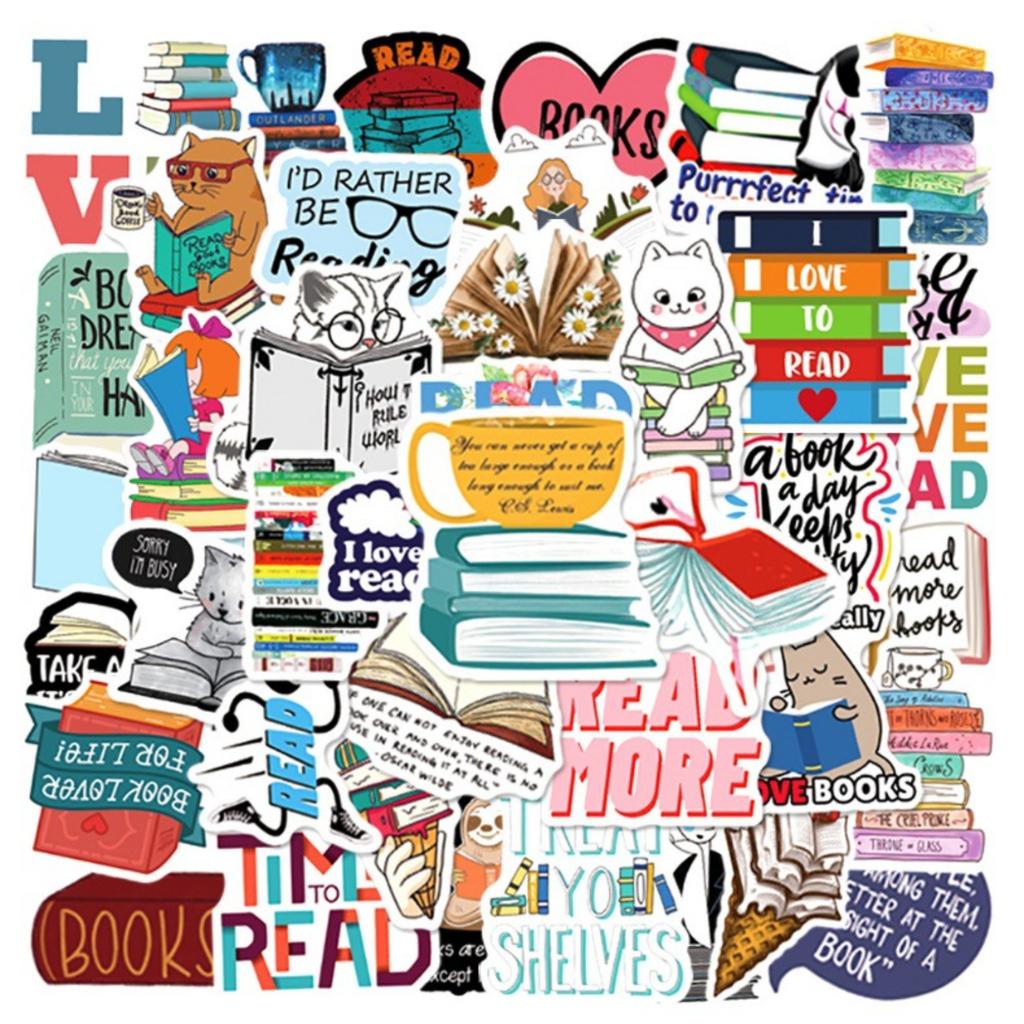 50pcs Reading Stickers Book Lover Cartoon Characters Waterproof DIY Decorative Stickers for Water Bottles Cars Laptops Scrapbooking