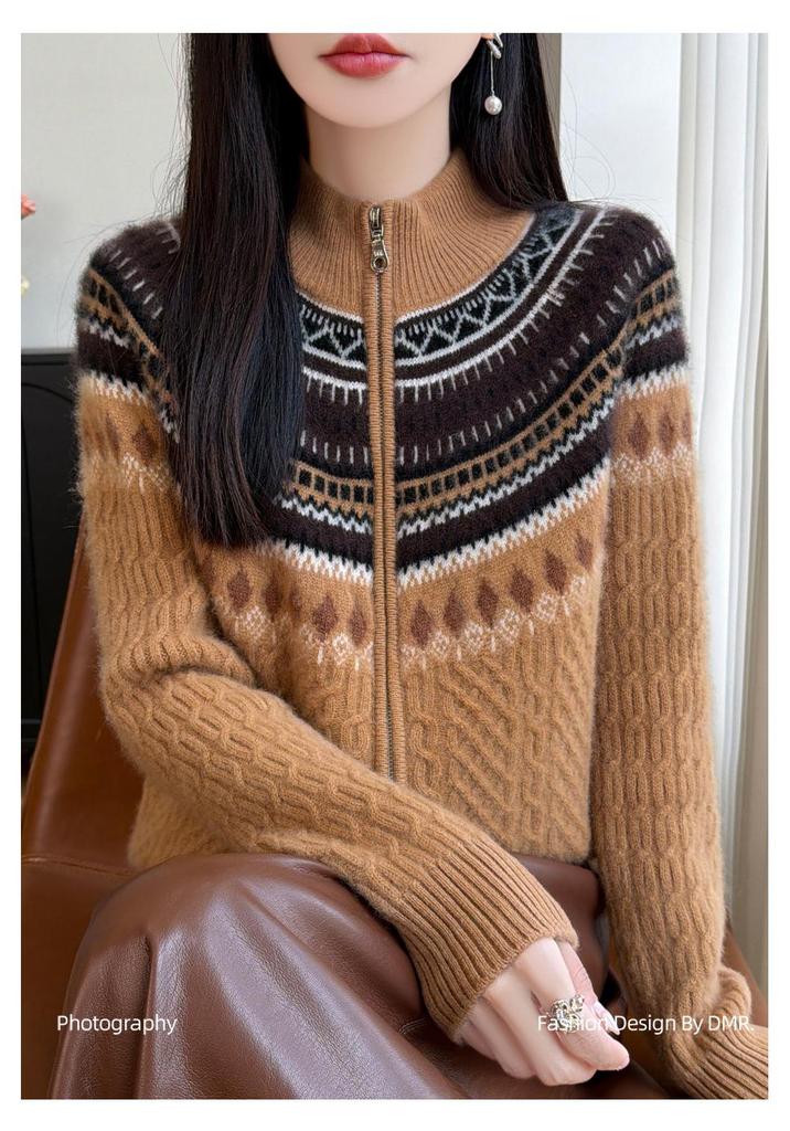 2026 A/W Pure Wool Jacquard Cardigan: Thickened, Seven-Stitch, Double Zipper, Half-High Neck.