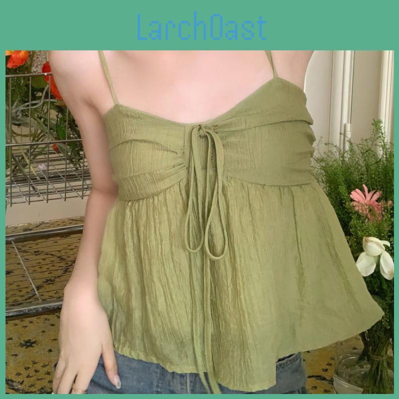 Babydoll Linen Sweet Ruffle Women Crop Sleeveless Top Thin Strap Front Bow Flowy Camis Female Korean Tank Top