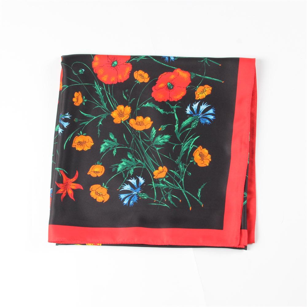 POBING Silk Scarf Women Large Shawls Flowers Print Stoles Square Bandana Luxury Kerchief Hijab Scarves Female Foulards 130CM