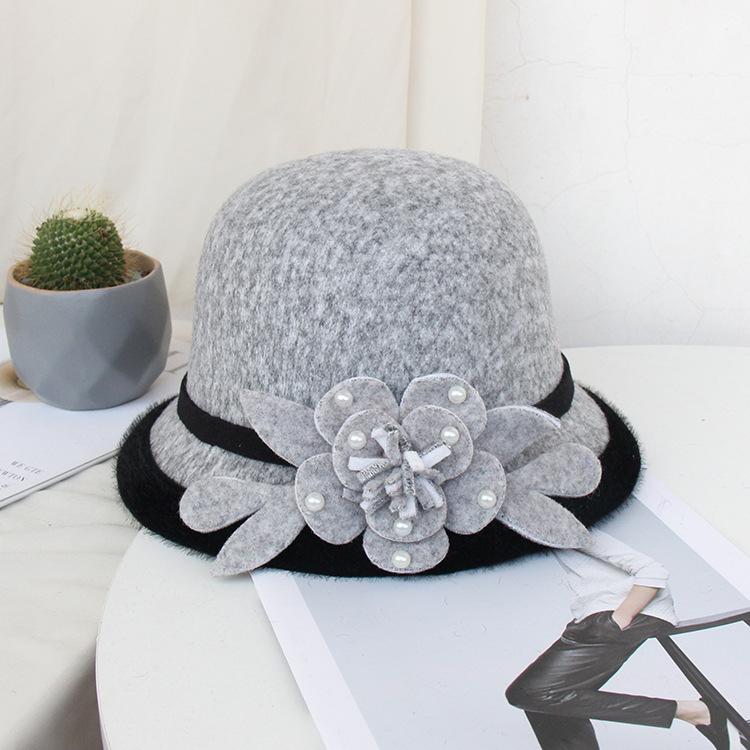 Wool Bucket Hat Ladies Autumn And Winter Leisure Basin Hat Fashion Bead Flower Felt Top Hat