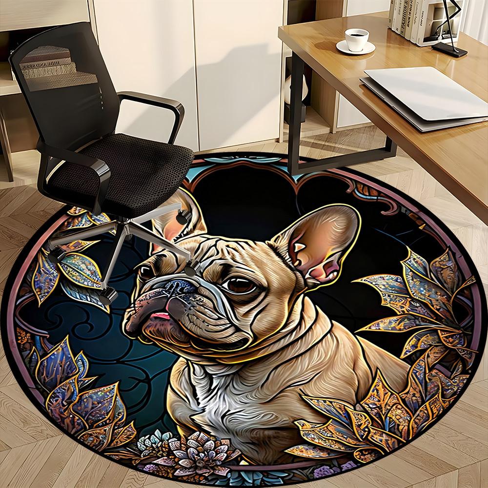 1PC Stained Glass Bulldog Office Round Area Rug, Mat Suitable ForOffice, Under Office Chairs Bedroom Living Room Home Decor, Room Deco