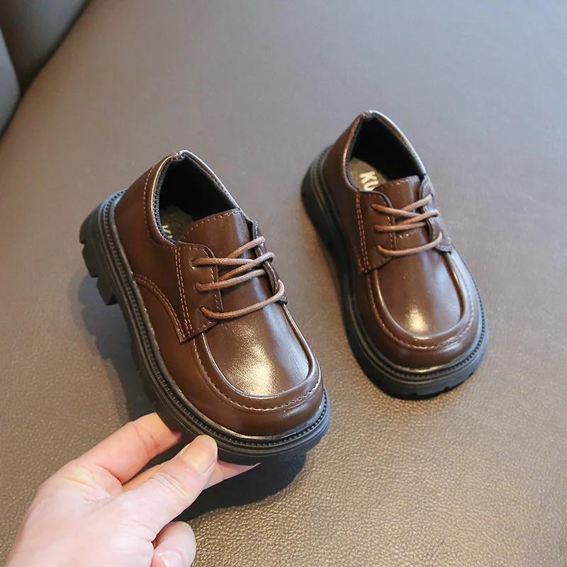 

Мальчиковые кожаные туфли для свадебной вечеринки, черные повседневные туфли, модные классические шнурки, толстая подошва, лоферы для девочек, детская школьная обувь, мягкие 21 коричневый