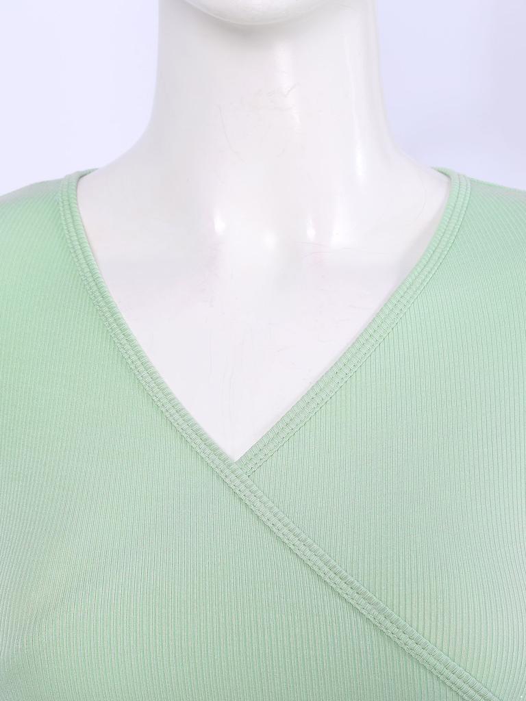 Women Solid Color V Neck Long Sleeves Straps Back Stretchy Crochet Dance Tops Gym Yoga Ballet
