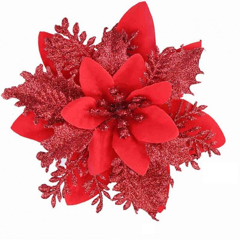 10pcs 14cm Christmas Flower Ornaments,Pink,Red,Gold,Glitter Artifical Flowers For Christmas Tree,Xmas Decoration For Home
