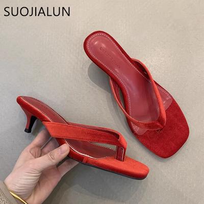 Mode SUOJIALUN 2025 Sommer Neue Marke Damen Slipper Mode Schmaler Riemen Slip On Flip Flop Dünner Niedriger Absatz Outdoor Kleid Sandale Pantoletten