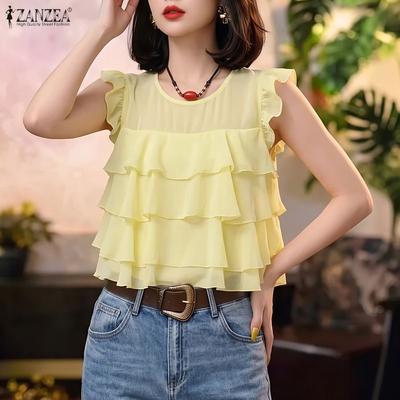 Women Casual Round Neck Loose Sleeveless Ruffles Blouse
