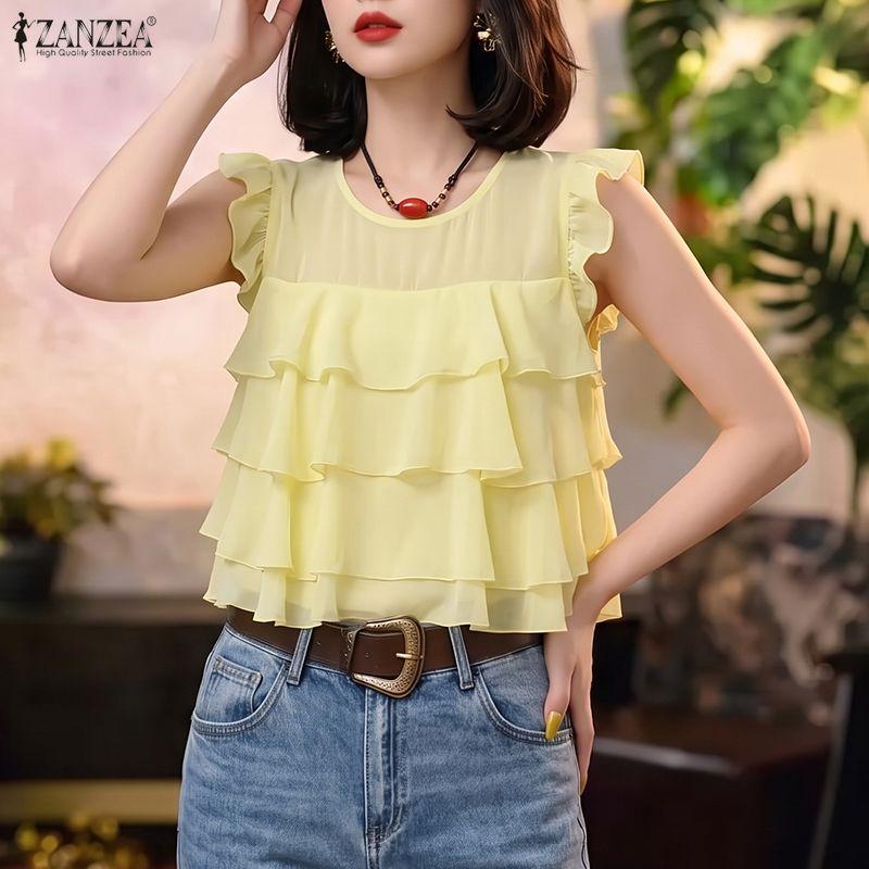 ZANZEA Women Casual Round Neck Loose Sleeveless Ruffles Blouse