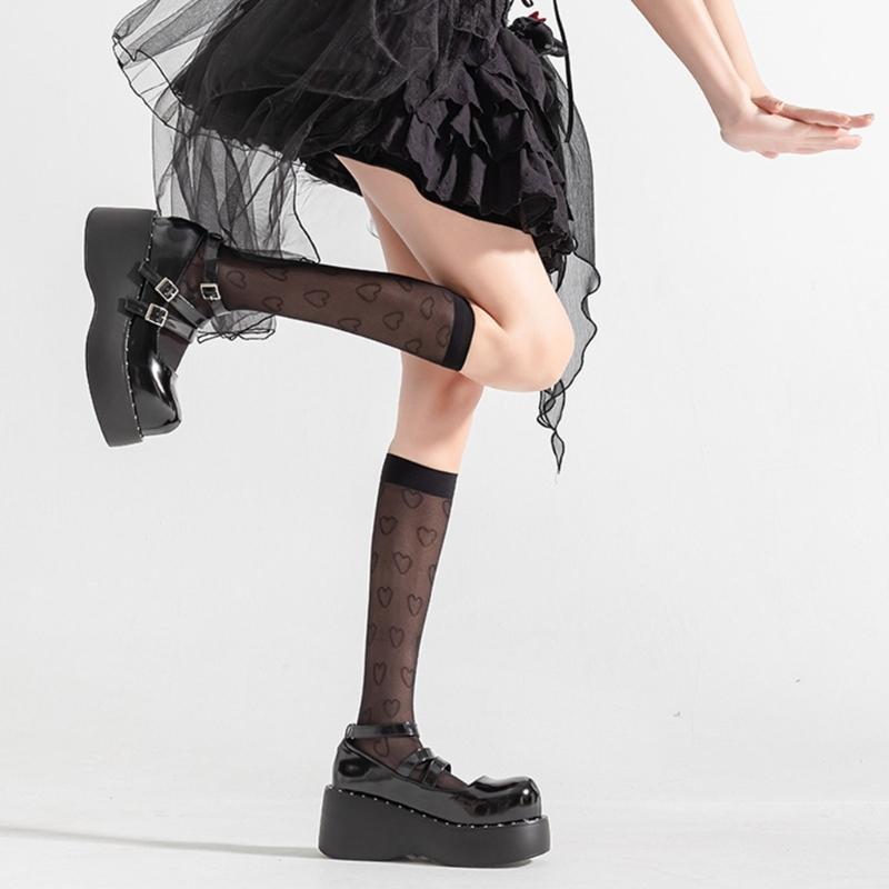 Women Japanese Style Summer Cute Heart Pattern Thin Silk Over Calf Long Socks