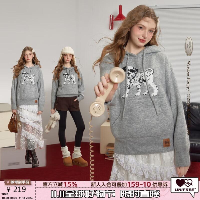 

UNIFREE Women s Loose Fit Hooded Puppy Jacquard Knit Sweater One Size