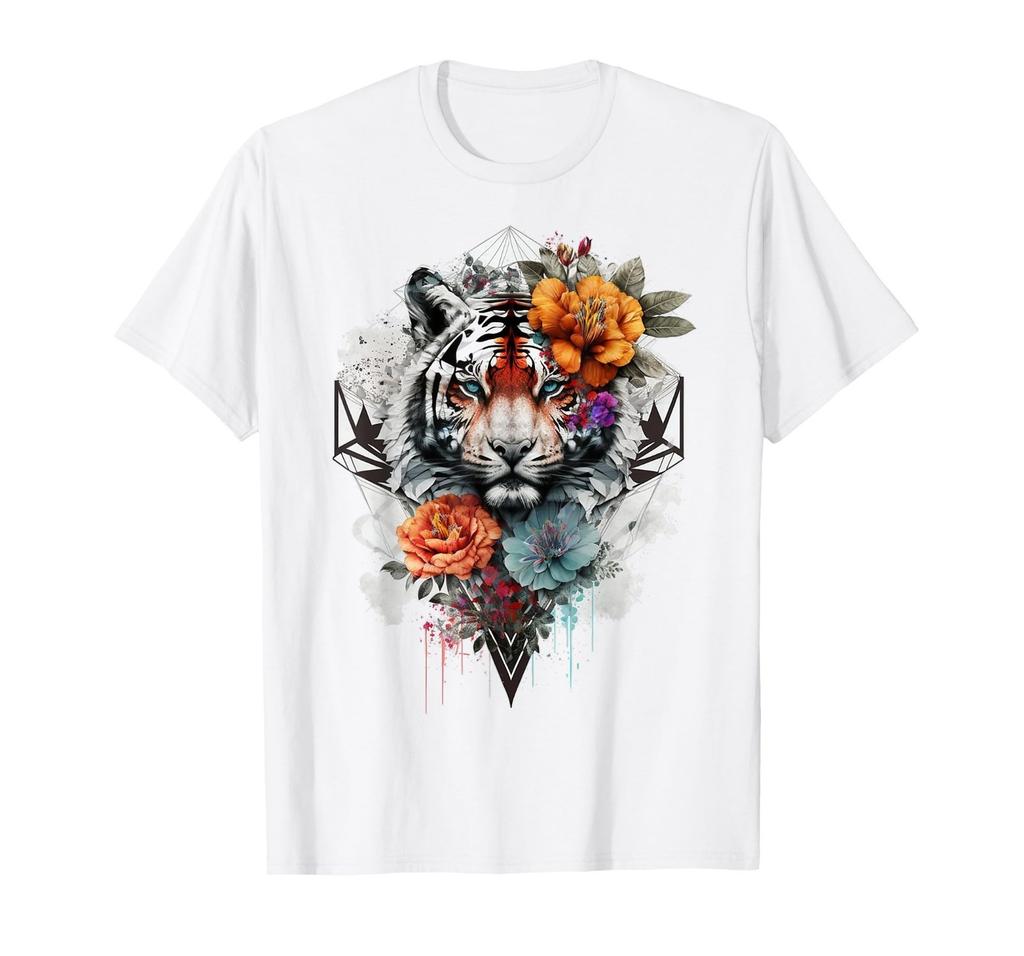 Tiger Flowers Blue Eyes Animal Print Art Tiger T-Shirt Mens Womens Tees Top