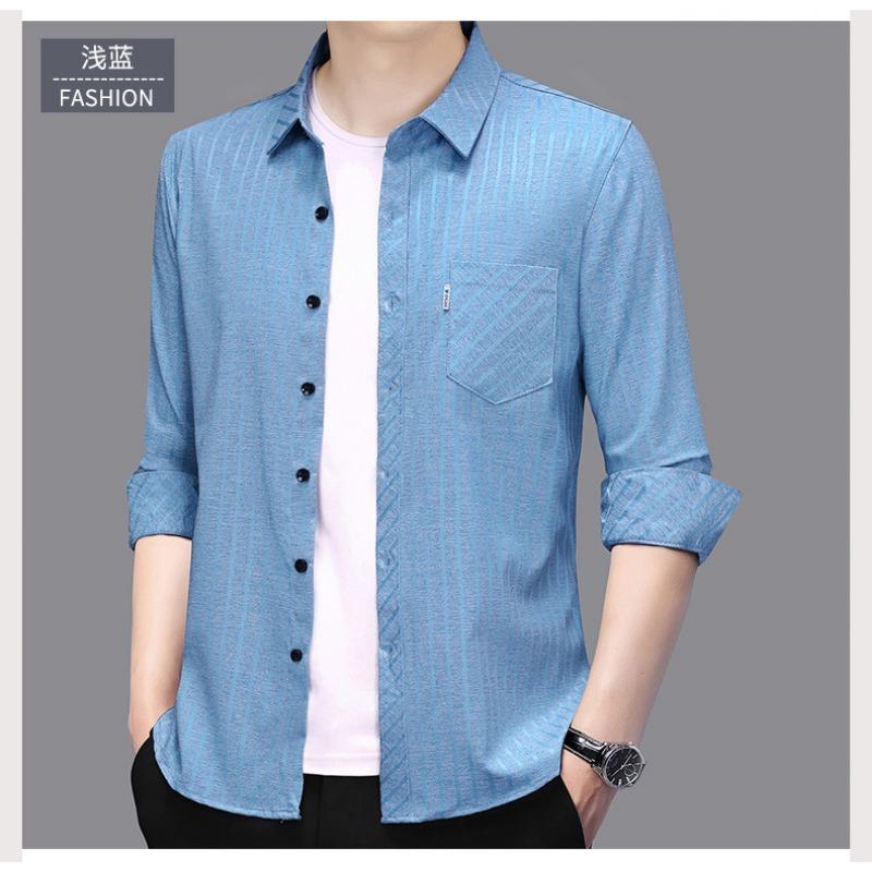 Smooth Anti-pilling Mulberry Silk Men's Long-sleeved Shirt Spring and Autumn New Striped Shirt No Ironing