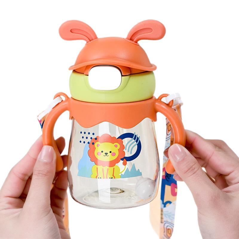 Kids' Cartoon Colorful Straw Water Bottle with Handle Strap - Portable Outdoor Plastic Cup