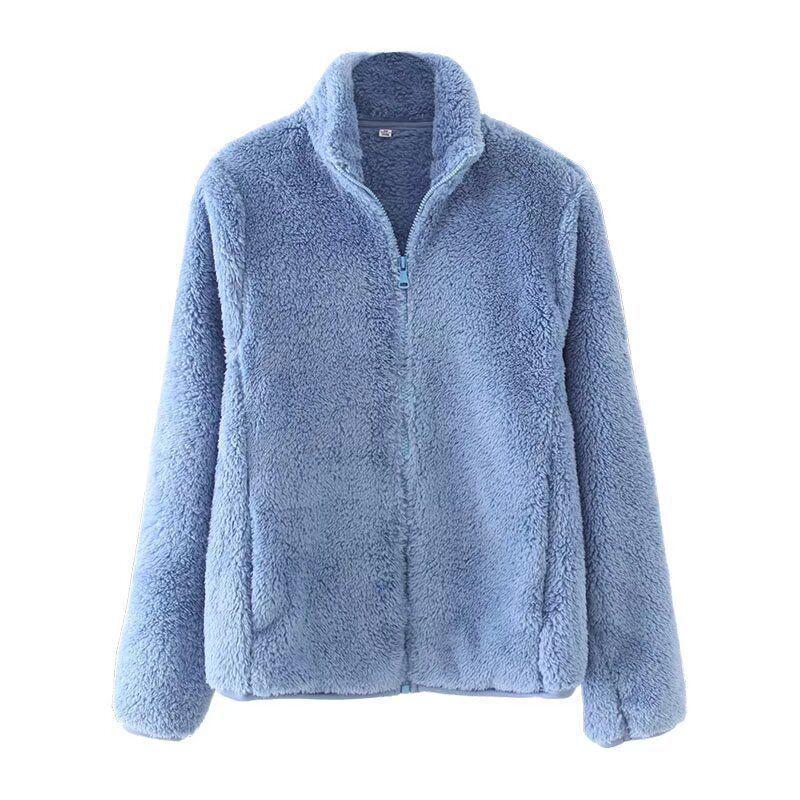 Women's Long Pile Fleece Jacket - Zipper Cardigan, Stand Collar, Warm Long Sleeve Top for Autumn/Winter