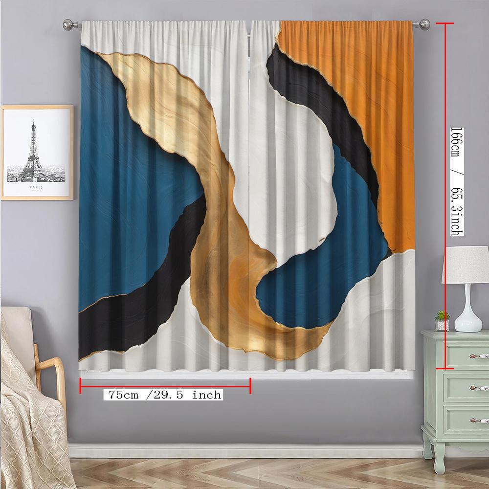 Abstract Gold Blue Black White Curtains Set of 2 Rod Pocket Semi Sheer for Living Room Bedroom Decor
