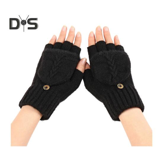 

1 пара женских зимних перчаток с откидными пальцами, толстые плюшевые ветрозащитные противоскользящие перчатки для письма, сохраняющие тепло, варежки для набора текста чёрный