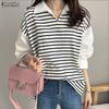 Women Turn Down Collar Casual Stripe Splice 3/4 Sleeve T-shirts Blouse