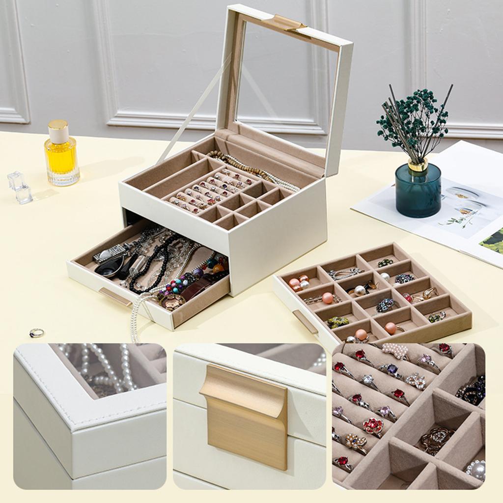 Multi Functional Jewelry Display Box Three Layers Clear Window PU Leather Construction Gold Hardware for Home Use