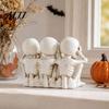 Retro Bone Texture Sculpture Halloween Three Wise Skull Ornaments, See No Hear Speak Evil Conjoined Resin Gothic Desktop Statue Skeleton Statue,