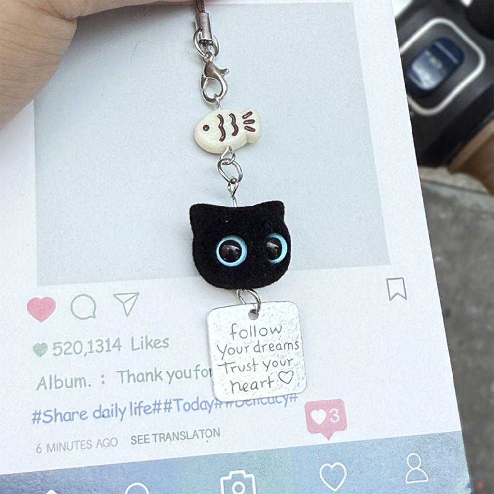 Cellphone Lanyard Black Cat Pendant Keyring Key Chain Mobile Phone Chain Schoolbag