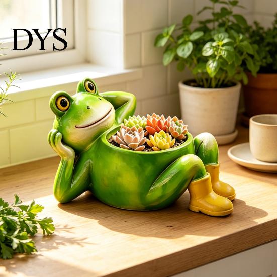Weather Resistant Plant Container Cute Lying Frog Planter, Decorative Resin Pot, Funny Pastoral Style Garden Ornament for Succulents Indoor