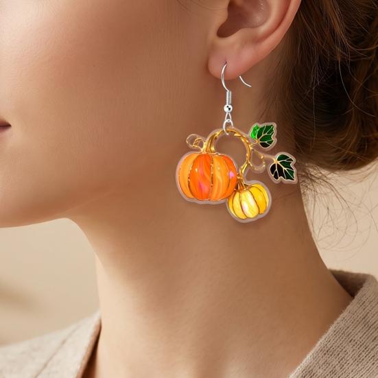 Cute Acrylic Pumpkin Drops 1 Pair Drop Earrings, 2D Fall Harvest Dangle Earrings Charming Holiday Party Jewelry for Women, Halloween Thanksgiving with