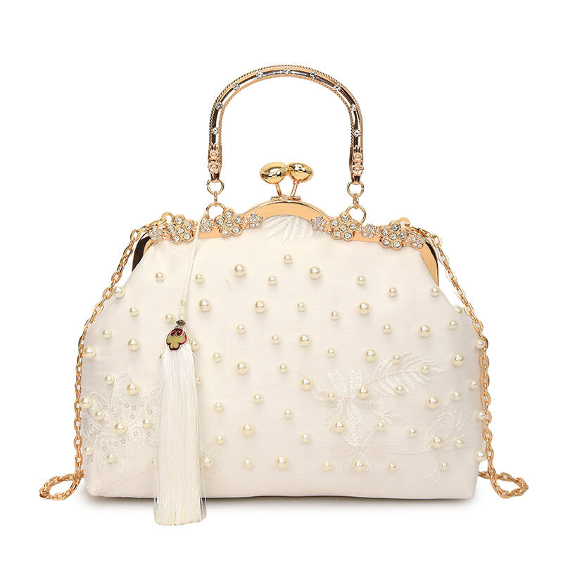 Fashi Chinese-Style White Pearl Embroidered Handbag Vintage Metal Clasp Evening Clutch Fringe Pendant Women's Handbag
