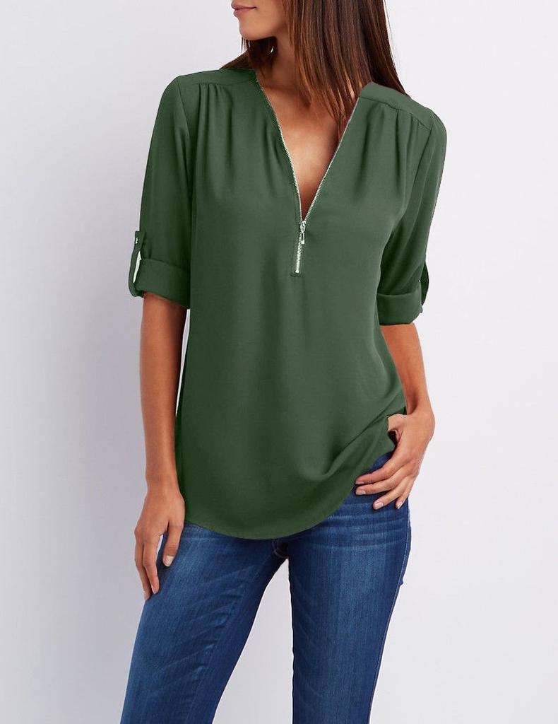 V-neck Shirt Plus Size Women's Clothing Long Sleeve Zipper Bottoming Shirt
