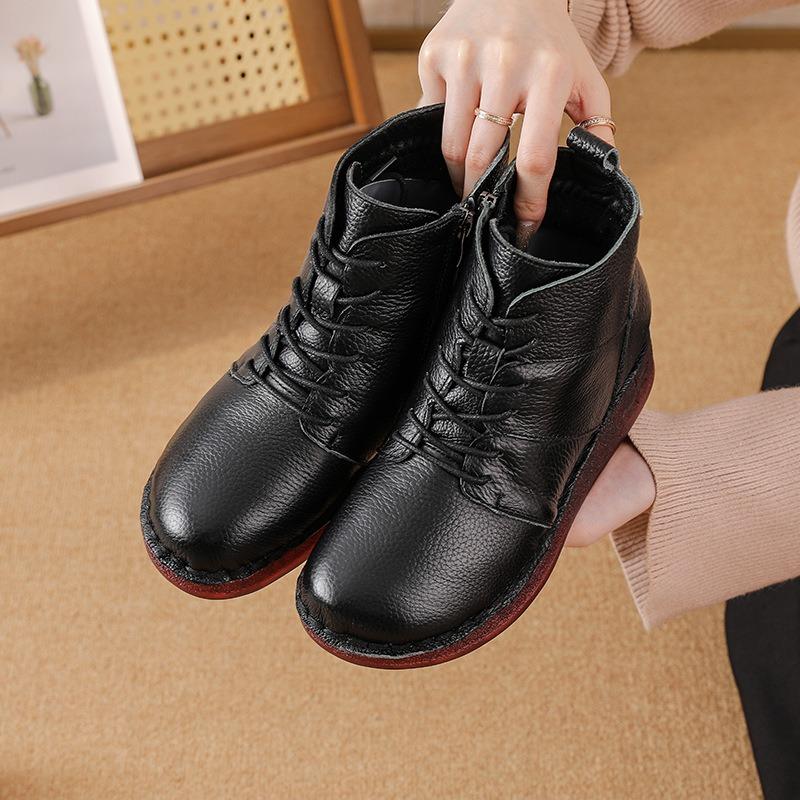 First layer cowhide soft-soled short boots single boots autumn and winter velvet breathable flat-soled cotton boots retro leather Martin boots