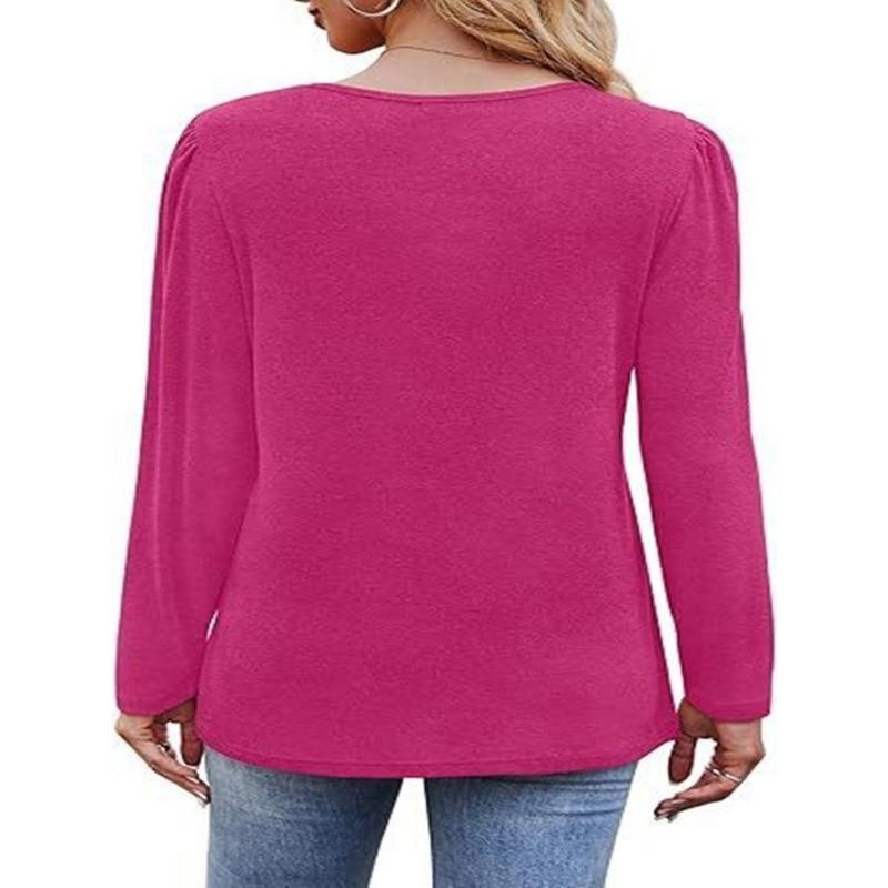 Women's Spring and Autumn Solid Color Loose Round Neck Pleated Long Sleeve Top