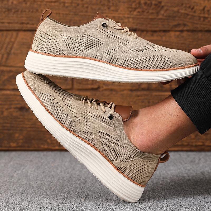 New Men's Classic Walking Shoes Summer Knitted Mesh Breathable Flat Shoes Lightweight Soft Sole Solid Color Lace Up Casual Shoes