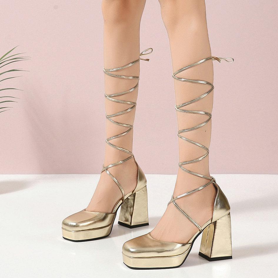 Módní boty 2025 Sandály na platformě Dámské šněrovací Sexy lodičky Kulatá špička Velké africké Jaro Zlaté Crossdressers Ležérní Béžové Čtvercový H