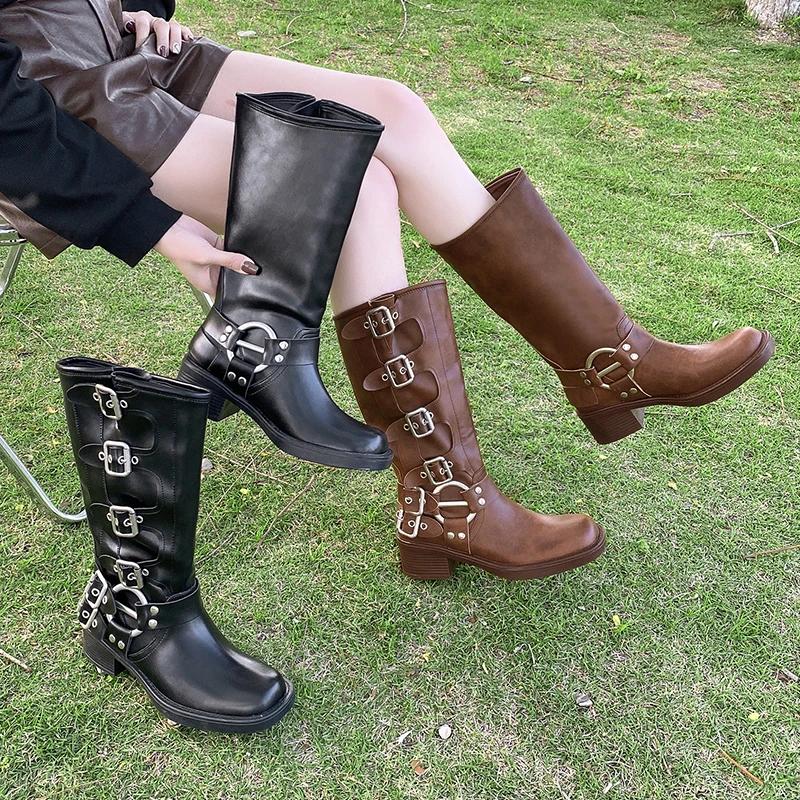 Retro Hochwertige PU Reißverschluss Große Größe Lange Stiefel 2025 Neue Damenschuhe Herbst Vielseitig Runde Spitze Quadratischer Absatz Damenstiefel