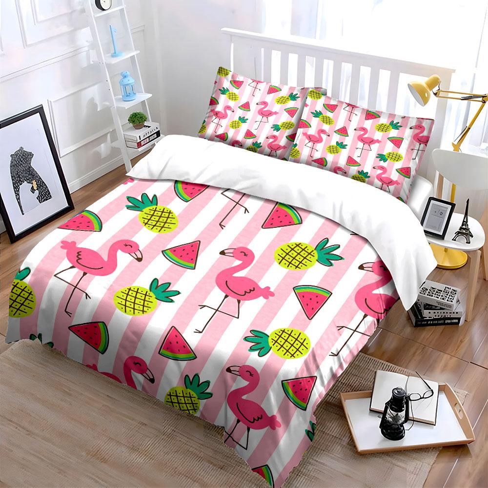 Flamingo Pineapple Watermelon Pattern Bedding Duvet Cover Set Duvet Cover Pillowcases (1*Duvet Cover 2*Pillowcases, Without Duvet Insert)