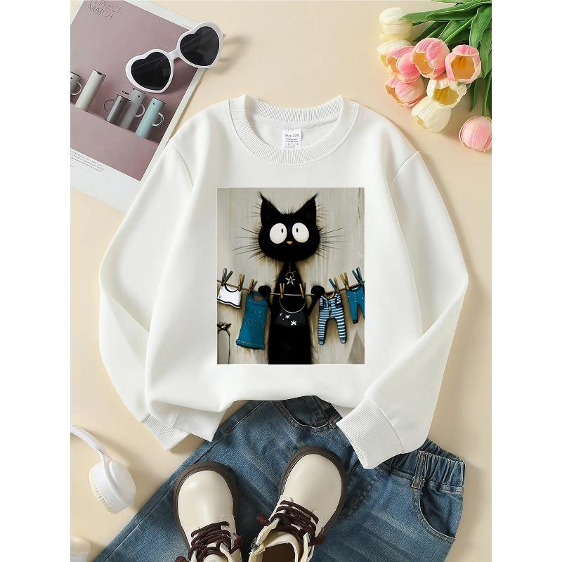 Unisex Crewneck Sweatshirt - Black Cat Hanging Clothes On Line Machine Washable, Spring And Autumn, Sportswear And Casual Wear, Soft And Comfortable