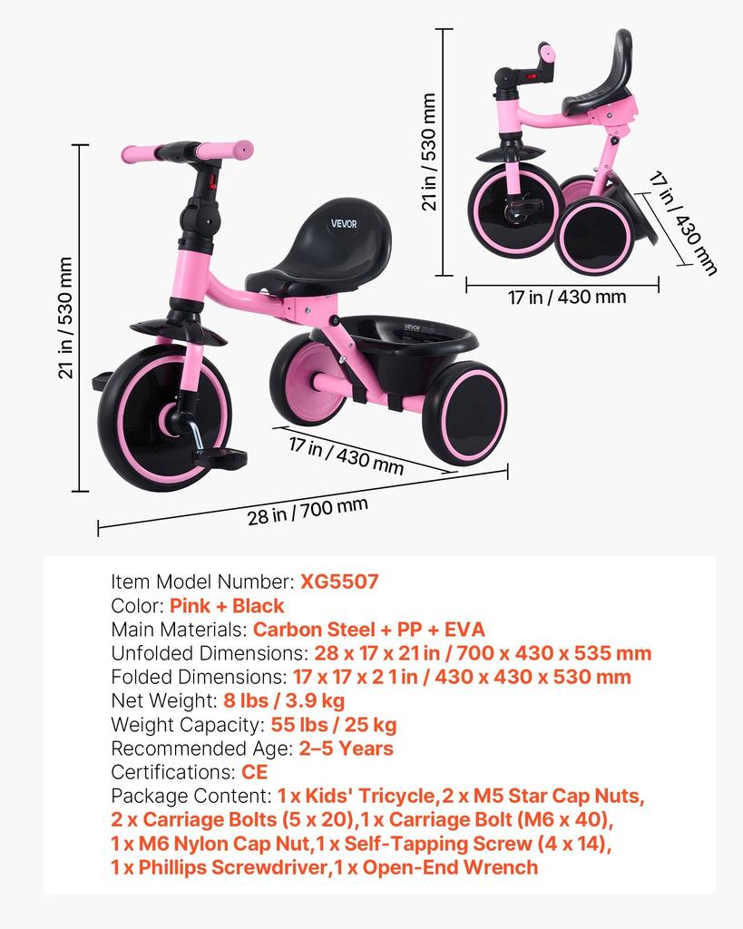 VEVOR Toddler Tricycle for 2-5 Year Old, Folding Kids Trike with Adjustable Seat, Storage, Carbon Steel Frame, Handlebar Grips for Outdoor Play