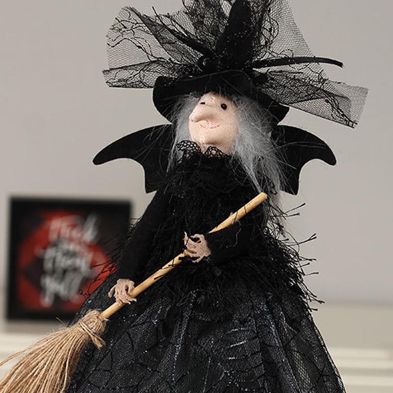 Halloween Decoration Witch Doll Dressed In Gauzy Skirt with Besom Desktop Decor Ornaments for Party Props Black