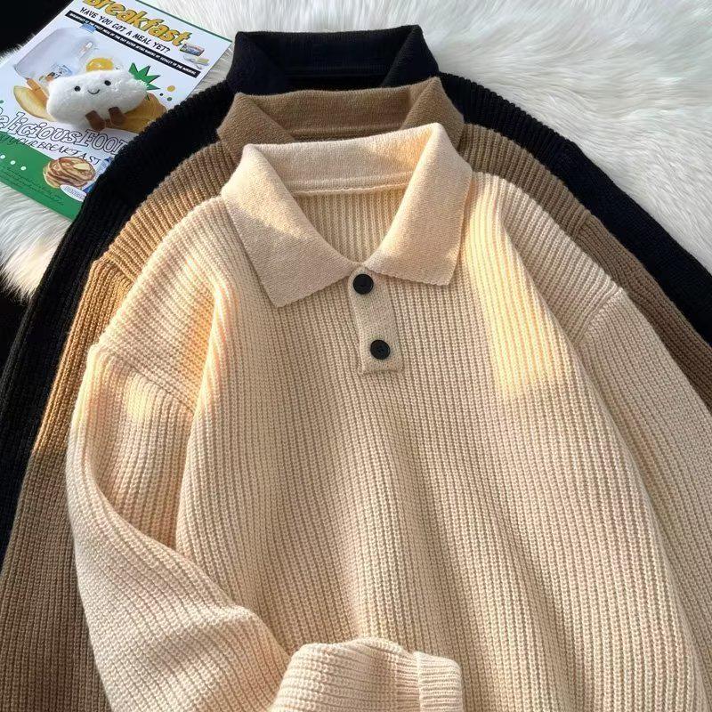 Men's Korean & Japanese Style Thickened Lapel Sweater - Trendy Winter Knitwear with a Relaxed Fit