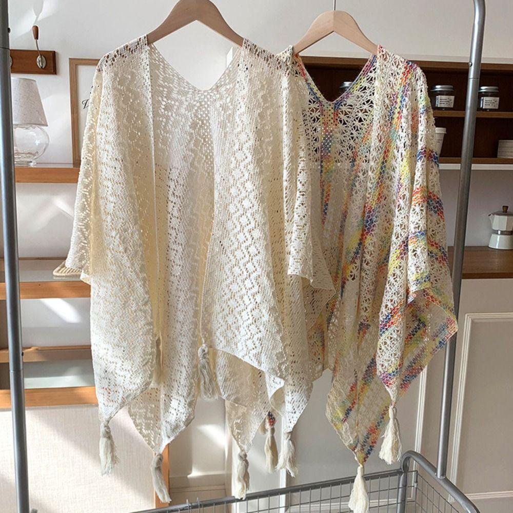 Colorful Ethnic Style Tassel Shawl Thin Beach Scarf Casual Sunscreen Crochet Cardigan  Beach