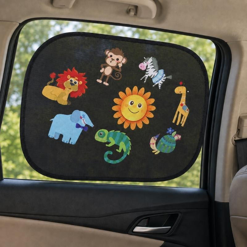 Toddler Car Window Side Glass Sun Shade Cover Pair with Suction Cups, PVC Cartoon Light Panel for Preschool School Runs and Daily Drives