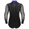 Mens Tango Dance Bodysuit Long Sleeve Mesh Panel Color Block V Neck Rhinestone Leotard Latin Ballroom Performance Wear