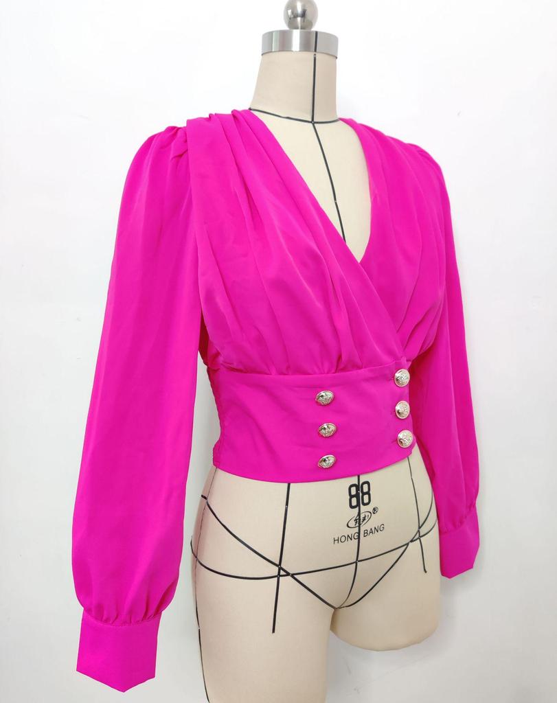 Damen V-Ausschnitt Sexy Langarm Puffärmel Einfarbig Kurzhemd