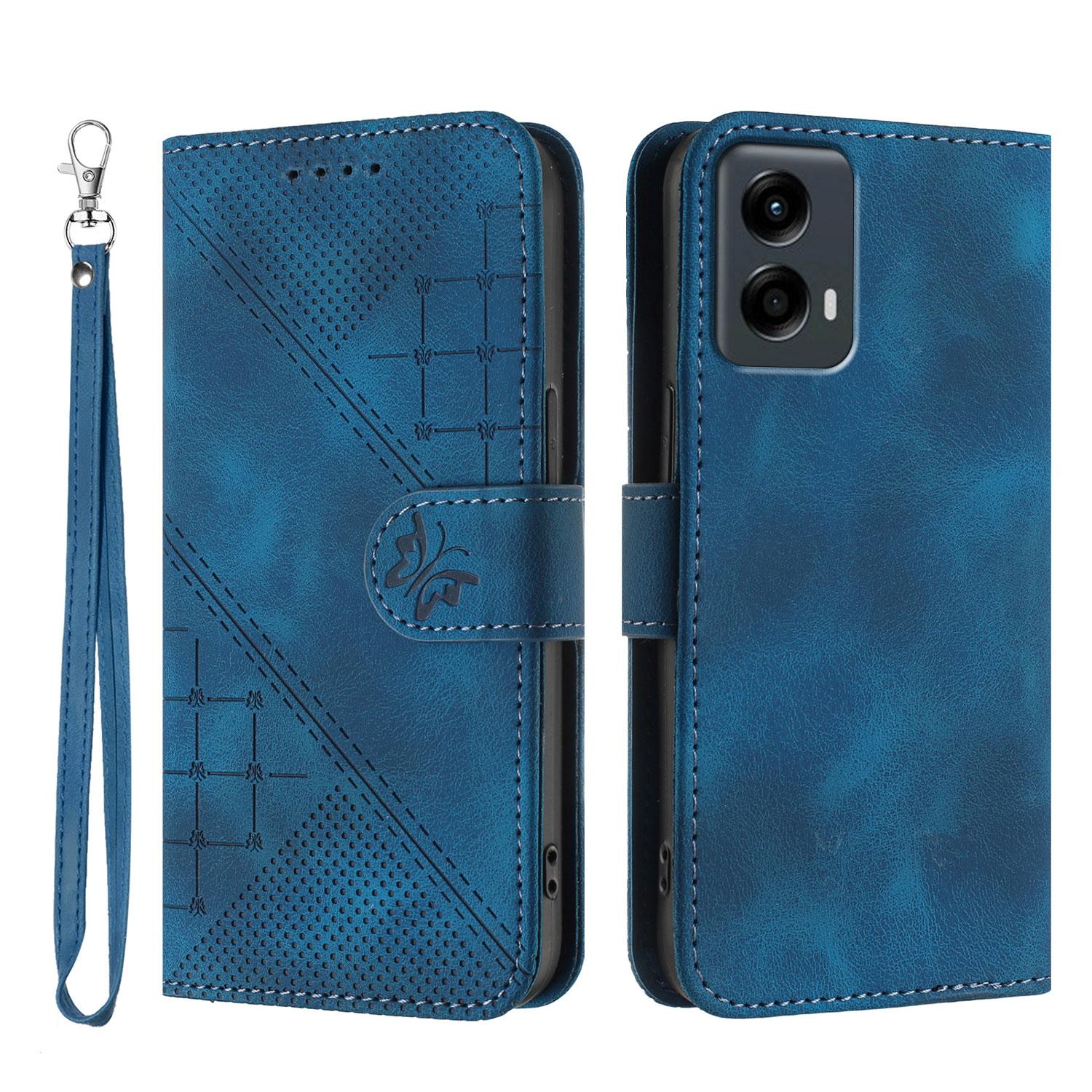 

Для Motorola Moto G 5G (2024) Шкіряний чохол-гаманець з тисненням метелика та квітки, чохол для телефону зі шнурком Royal Blue