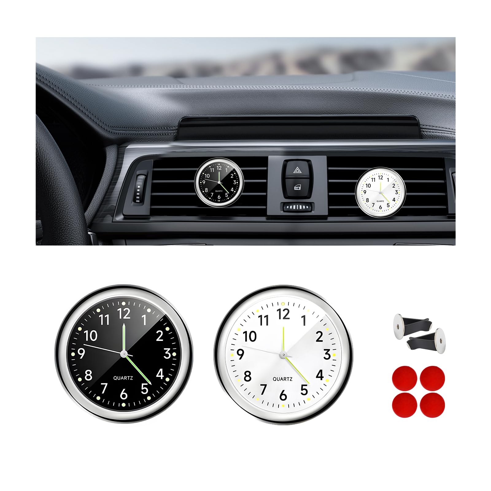 

DXNQ 2pcs Stick-on Dashboard Car Clock Mini Luminous Analog Clock with Vent Clip &