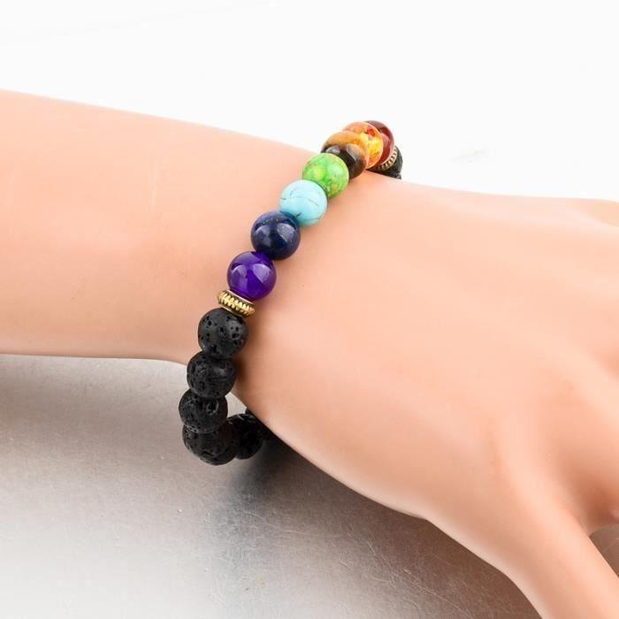 Black Lava Natural Stone Bracelet and Multicolored Jade Beads 7 Chakras R845