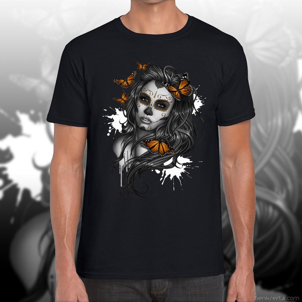T Shirt Unisexs Sugar Skull Girl Butterflies Exclusive Krefta Tattoo Tshirt