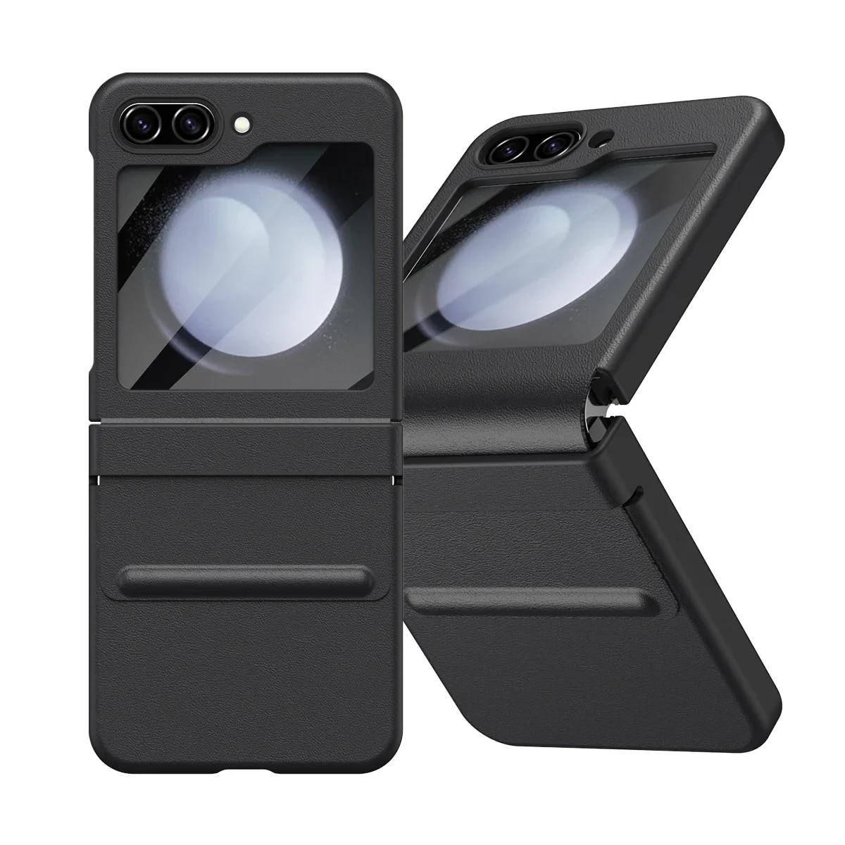 

Роскошный кожаный защитный чехол на шарнирах для Samsung Galaxy Z Flip 5 5G, складной чехол Z Flip5, защитная пленка, противоударный жесткий чехол For Galaxy Z Flip 5 чёрный