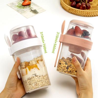 1Pc Breakfast Fruit Oat Yogurt Salad Cup With Lid And Spoon Two-layers Food Storage Bento Box Fitness Fat-Reduced Taper Bowl