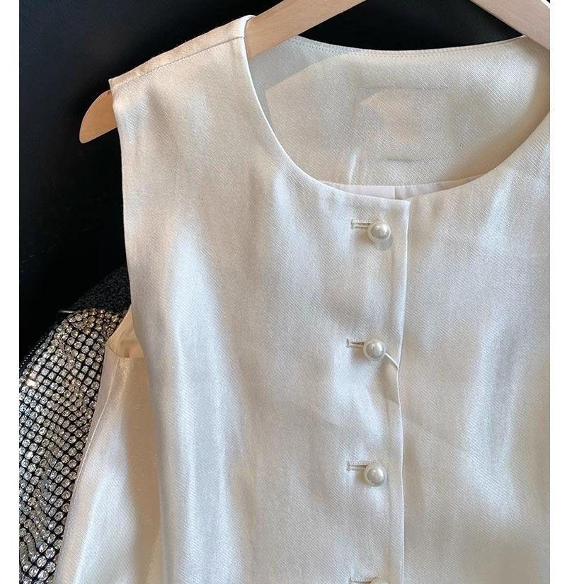 Women's 2026 Summer Ruffled Pearl Satin Sleeveless Top - French Chic, Age-Reducing Style